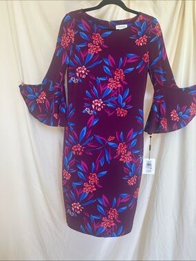 Calvin Klein Plum Floral Bell-Sleeve Sheath Dress
